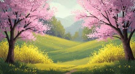 Serene Spring Landscape with Blooming Cherry Trees and Rolling Hills