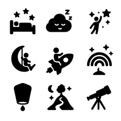 Fototapeta na wymiar Cosmic Dreams Icons. Solid, filled icon set of cosmic dreams and fantasy: sleeping under stars, dream cloud, wish upon star, moon