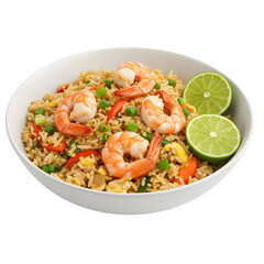 Fried Rice with Fresh Shrimp, Vegetables, and Lime &ndash; Healthy Thai Cuisine in a Bowl, Isolated on White or Transparent Background