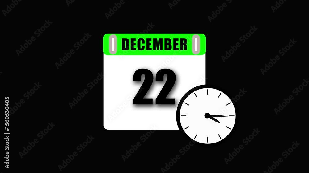 Poster animated digital calendar displaying december 22 with a clock icon against a black background