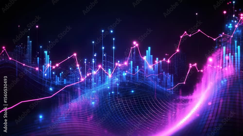 Poster futuristic data visualization with rising trends and luminous elements