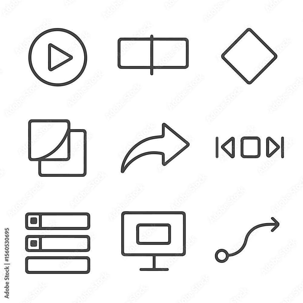Poster motion graphics icons. outline icon set of motion graphics elements: play button, timeline scrubber,