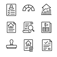 Obraz na płótnie Canvas Mortgage Icons Set. Outline icon set of Mortgage Approval and Underwriting: underwriter’s checklist, credit score gauge, income-to