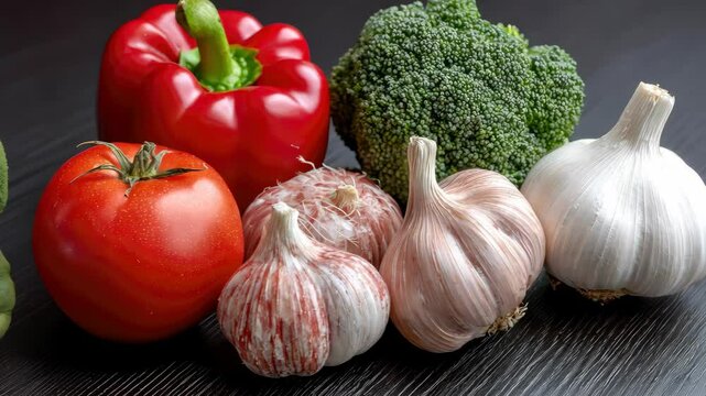 Fresh vegetables including tomatoes, bell peppers, garlic, and broccoli arranged for preparation in a healthy dish