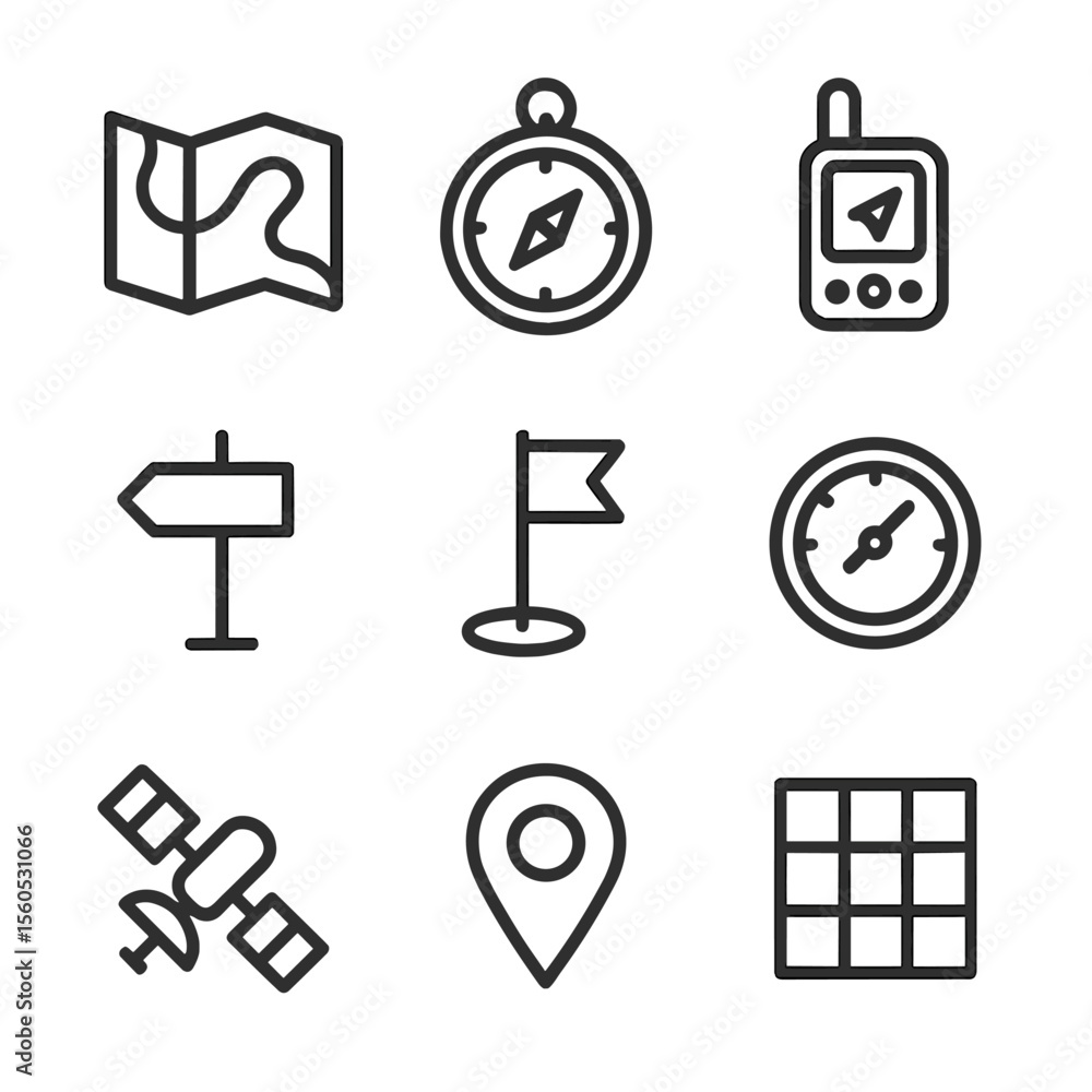 Poster navigation icon set. outline icon set of gps navigation and map reading: topographic map, compass, g