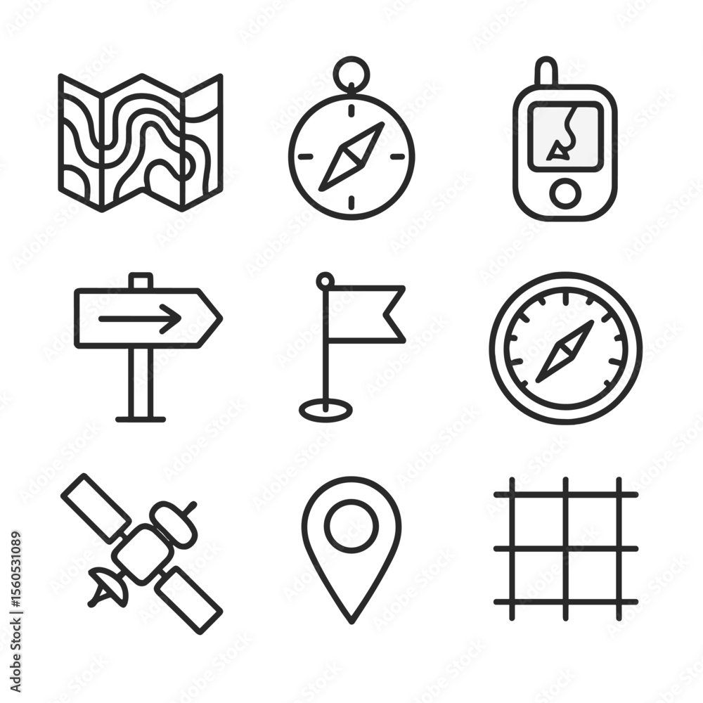 Poster navigation icon set. outline icon set of gps navigation and map reading: topographic map, compass, g