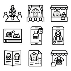Crochet Fashion Icons. Outline icon set of crochet fashion events: runway show, fashion week stage, pop-up boutique, craft fair