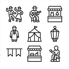 Cultural Heritage Icons. Outline icon set of cultural heritage events en route: folk dance silhouette, local musician, craftmarket