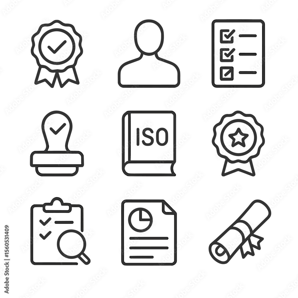 Poster offset certification icons. outline icon set of offset certification standards: certification badge,