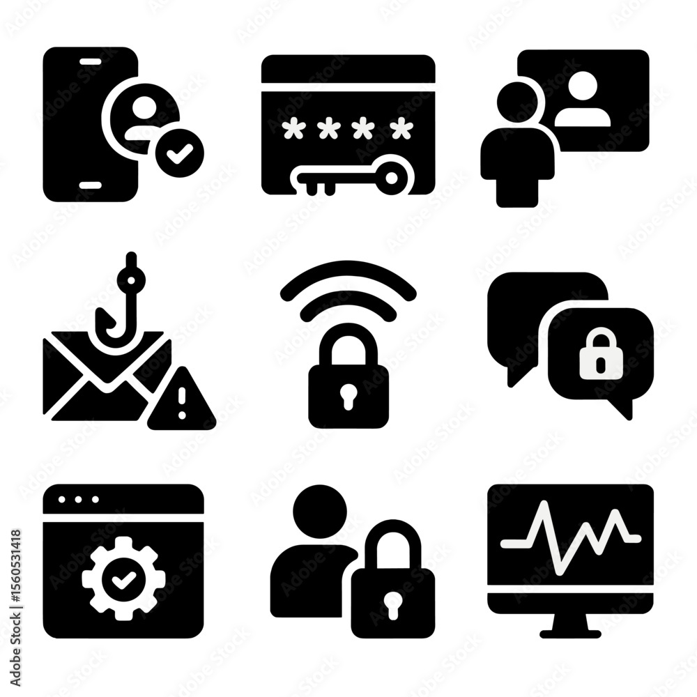 Poster cybersecurity icon grid. solid, filled icon set of cybersecurity best practices: multi-factor authen