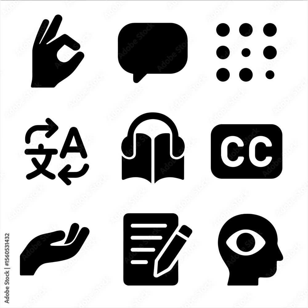 Poster communication icons grid. solid, filled icon set of communication methods: sign language, speech bub