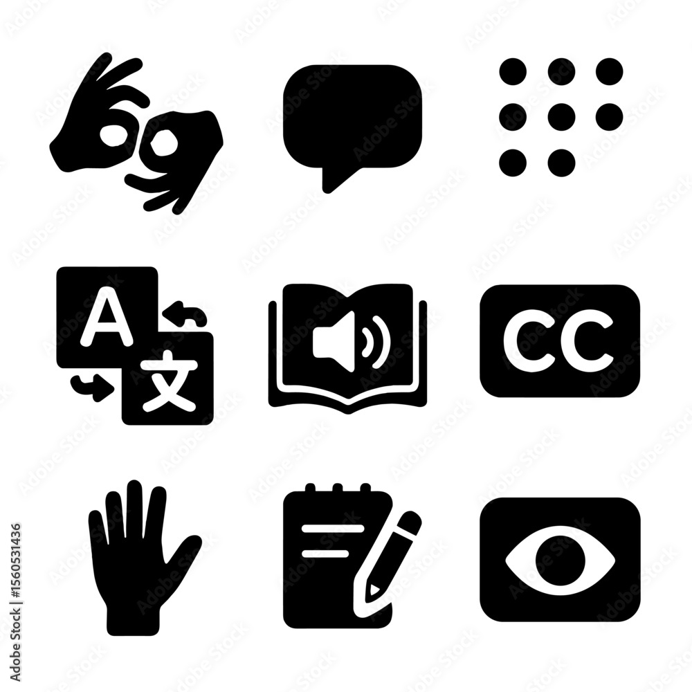 Poster communication icons grid. solid, filled icon set of communication methods: sign language, speech bub