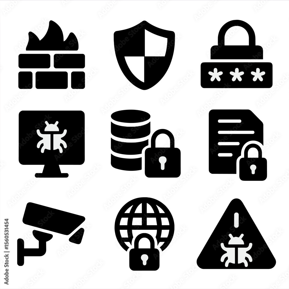 Poster cybersecurity basics icons. solid, filled icon set of cybersecurity basics for small businesses: fir