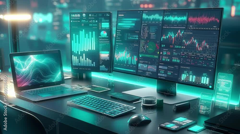 Poster futuristic workspace setup with neon lighting: high-tech gadgets and modern design for digital profe
