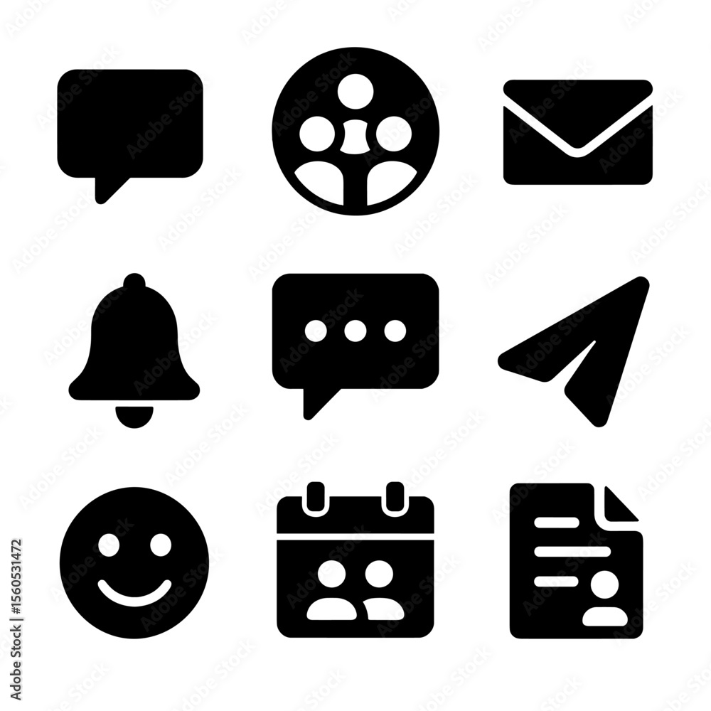 Poster communication icons grid. solid, filled icon set of team communication methods: speech bubble, group
