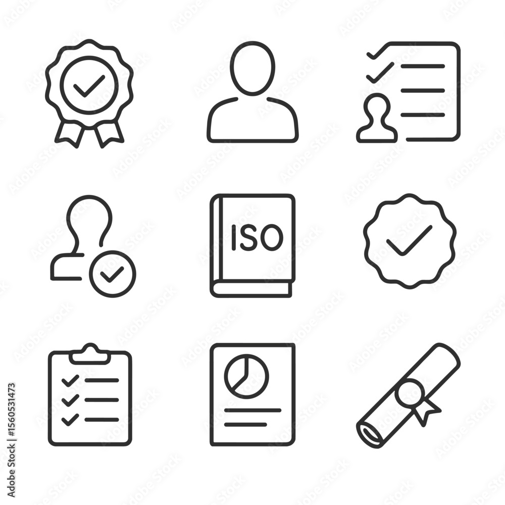Poster offset certification icons. outline icon set of offset certification standards: certification badge,