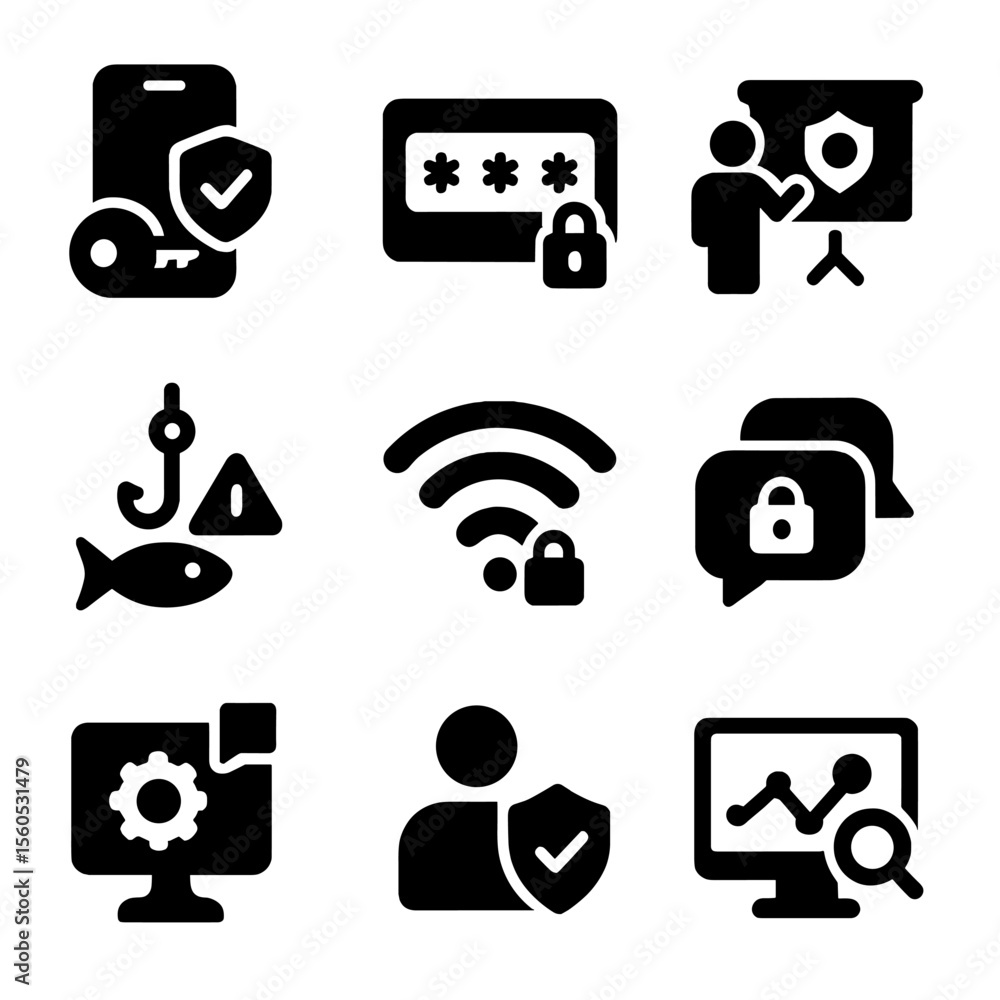 Poster cybersecurity icon grid. solid, filled icon set of cybersecurity best practices: multi-factor authen