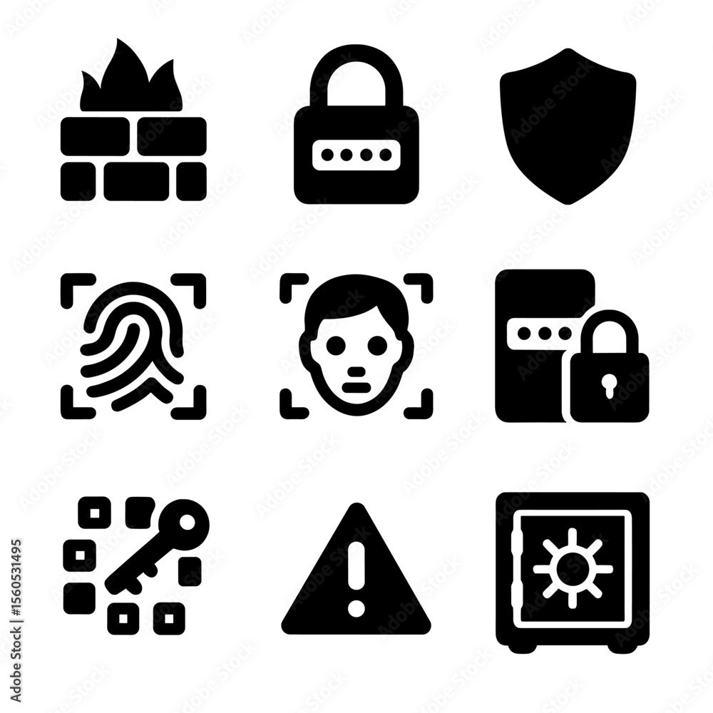 Poster cybersecurity icon grid. solid, filled icon set of virtual security features: firewall, password loc