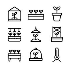 Growth Icons Overview. Outline icon set of growth environments: greenhouse, garden bed, potted plant, hydroponic setup, grow light