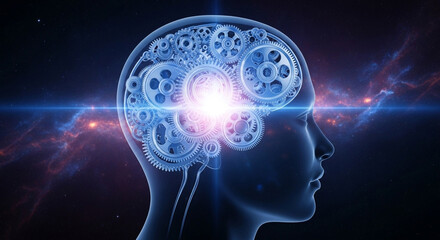 Conceptual image of a human head filled with gears against a cosmic background with light flare