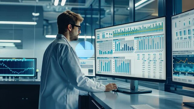 QA engineer reviewing test results on a large digital dashboard, with copyspace provided