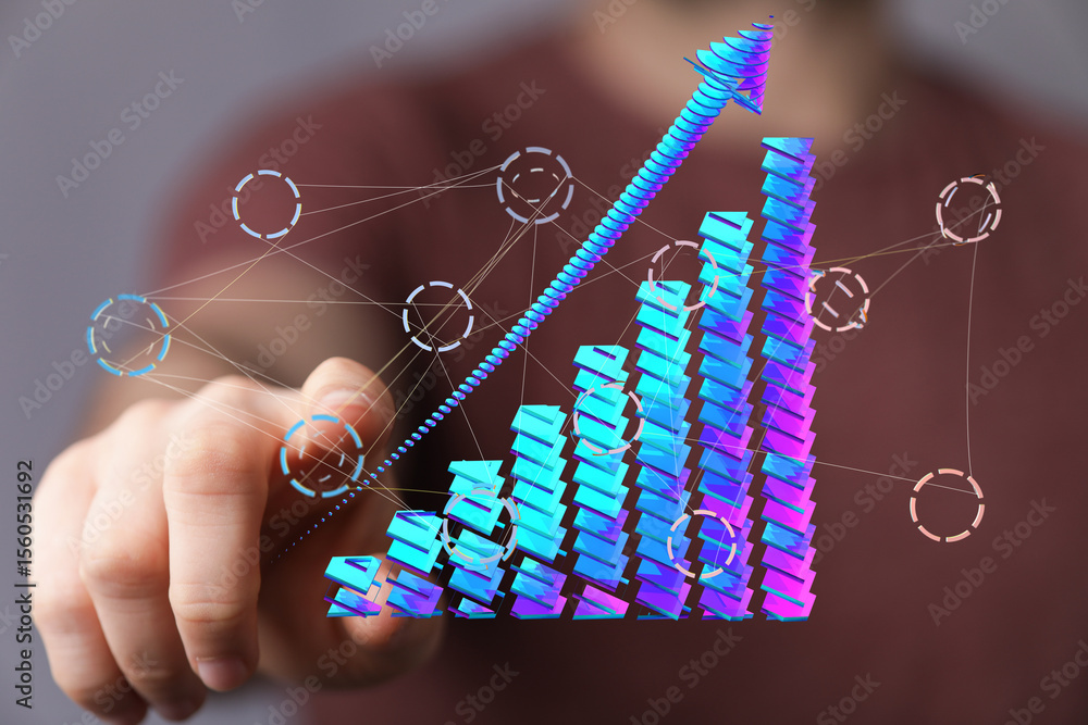 Poster stock photo of hand interacting with a 3d bar chart showing upward business growth and data connecti