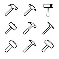 Hammer Icon Collection. Outline icon set of hammer varieties: claw hammer, ball-peen hammer, sledgehammer, rubber mallet, framing