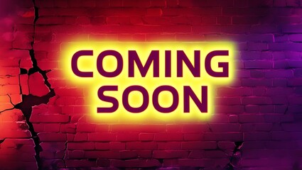 Coming soon neon sign on red brick wall background with grunge style texture