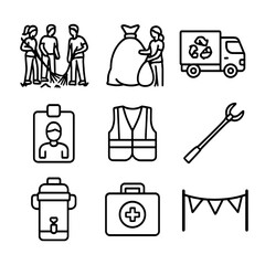 Community Cleanup Icons. Outline icon set of community cleanup day: group raking, leaf bagging, recycle truck, volunteer badge,