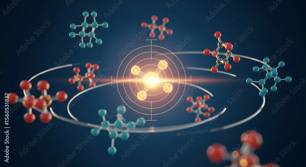 Aufkleber molecules orbiting a central light source with a target reticle on a dark blue background scene