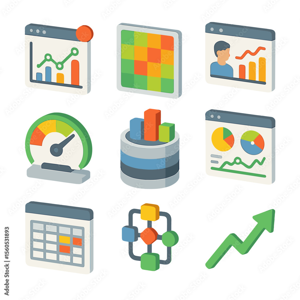Aufkleber data analytics icon set. isometric flat icon set of data and analytics: live stats chart, heat map, 