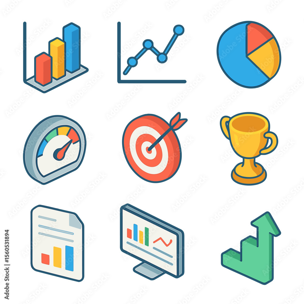 Poster performance metrics icons. isometric flat icon set of performance metrics and kpis: bar chart, line 