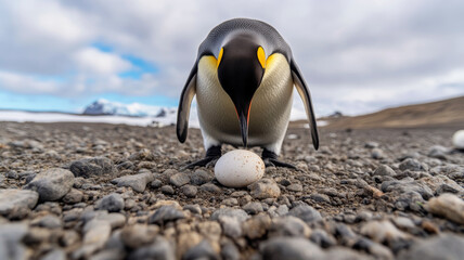 Minimalist capture of an emperor penguin nurturing its egg on rocky Antarctic terrain with soft lighting and ample copy space