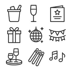 Holiday Party Icons. Outline icon set of Holiday party essentials: ice bucket, flute glass, invitation card, wrapped gift, disco