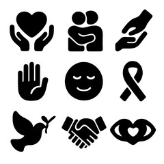 Fototapeta premium Compassion Icons Grid. Solid, filled icon set of compassion symbols: heart with hands, hugging figures, helping hand, open palm,