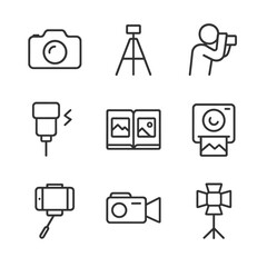 Photography Icon Set. Outline icon set of photographing the moment: camera, tripod, photographer, flash, photo album, instant