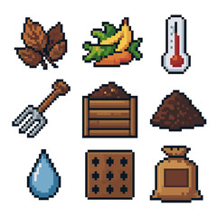 Composting Process Icons. Pixel art icon set of leaf composting process: brown leaves, green scraps, compost thermometer, turning