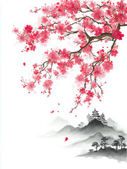 Blooming cherry tree branch overlooking a serene mountain temple in traditional japanese style