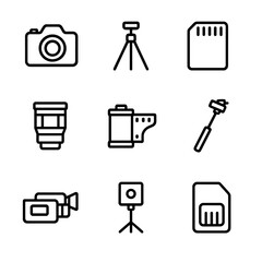 Photography Icon Set. Outline icon set of Photography and Videography: camera body, tripod, memory card, interchangeable lens,