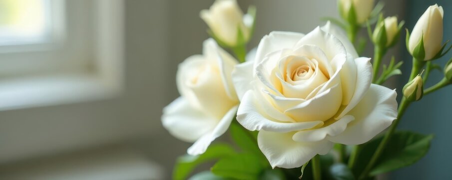 Elegant white rose and freesia bouquet, soft focus, summer, event, still life