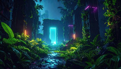 Obraz premium Overgrown Ruins Illuminated by Neon Lights and Water Droplets