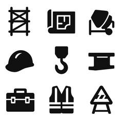 Naklejka na ściany i meble Construction Icons Grid. Solid, filled icon set of high-rise construction: scaffolding, blueprint, cement mixer, hard hat, crane