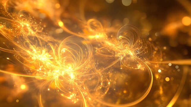 Intricate golden fractal design with glowing lines and particles.