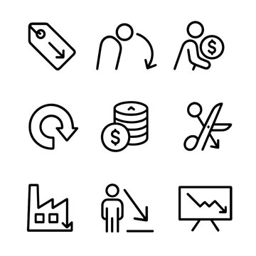 Deflation Dynamics Icons. Outline icon set of deflation dynamics: falling price tag, reduced consumer demand, increased real debt