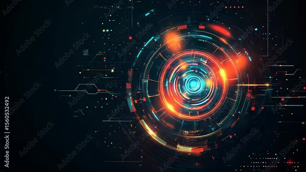 Poster futuristic technology interface with glowing lines and data transmission visuals