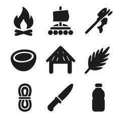 Deserted Island Icons. Solid, filled icon set of deserted island survival: bonfire, wooden raft, fish spear, coconut shell,