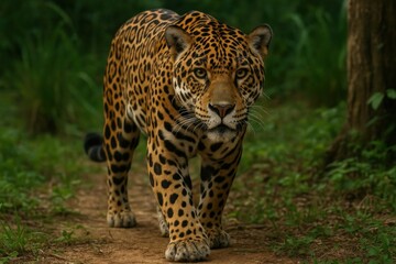 Majestic jaguar in lush forest