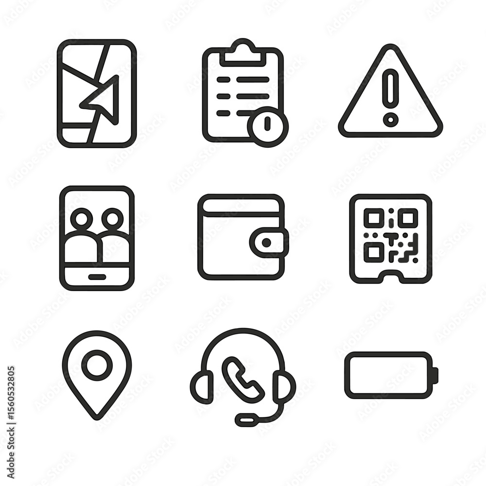 Poster digital commuting icons. outline icon set of digital commuting tools: navigation app icon, transit s