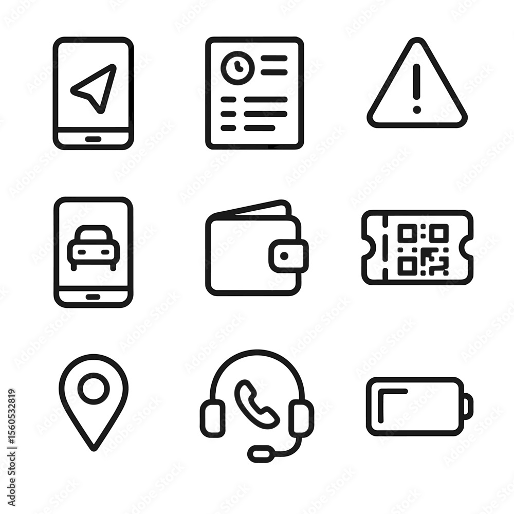 Poster digital commuting icons. outline icon set of digital commuting tools: navigation app icon, transit s