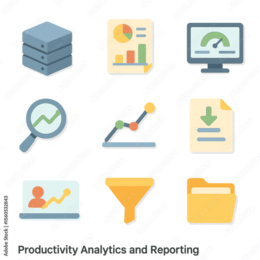 Poster productivity icon set. isometric flat icon set of productivity analytics and reporting: data server,